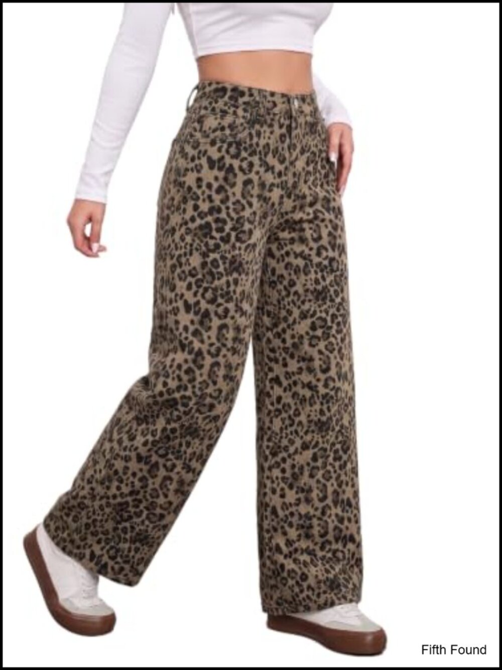 High Waisted Wide Leg Jeans Leopard Print Denim Pants